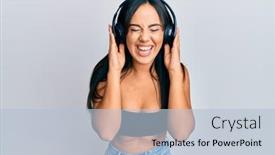  Presentation with music headphones - Colorful presentation theme enhanced with young-beautiful-hispanic-girl-listening backdrop and a light blue colored foreground