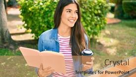  Presentation with coffee book - Presentation theme featuring young-beautiful-hispanic-girl-smiling background and a coral colored foreground