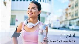  Presentation with woman runner - Presentation design enhanced with young-beautiful-hispanic-sport-woman background and a light blue colored foreground