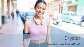  Presentation with woman runner - Presentation theme featuring young-beautiful-hispanic-sport-woman background and a light blue colored foreground
