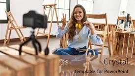  Presentation with beautiful hispanic woman - PPT theme featuring young-beautiful-hispanic-woman-artist background and a coral colored foreground