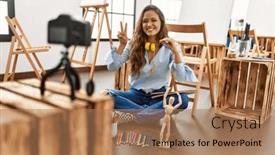  Presentation with communicate - Slides with young-beautiful-hispanic-woman-artist background and a coral colored foreground