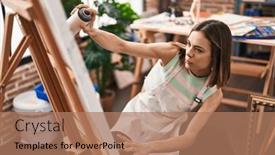  Presentation with spray - Theme with young-beautiful-hispanic-woman-artist background and a coral colored foreground