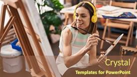  Presentation with music studio - Presentation design consisting of young-beautiful-hispanic-woman-artist background and a coral colored foreground