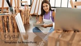  Presentation with music studio - Slide set consisting of young-beautiful-hispanic-woman-artist background and a coral colored foreground