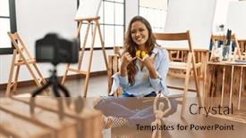  Presentation with beautiful hispanic woman - Presentation design with young-beautiful-hispanic-woman-artist background and a coral colored foreground