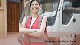  Presentation with builder - PPT theme featuring young-beautiful-hispanic-woman-builder background and a coral colored foreground