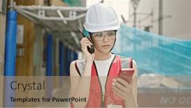  Presentation with builder - PPT theme having young-beautiful-hispanic-woman-builder background and a coral colored foreground