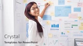  Presentation with cork - Slides having young-beautiful-hispanic-woman-business background and a light gray colored foreground