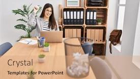  Presentation with bin - Presentation theme with young-beautiful-hispanic-woman-business background and a coral colored foreground