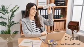  Presentation with plane - Presentation consisting of young-beautiful-hispanic-woman-business background and a coral colored foreground