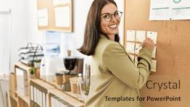  Presentation with beautiful hispanic woman - Presentation theme featuring young-beautiful-hispanic-woman-business background and a  colored foreground