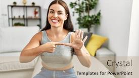  Presentation with communicate - Presentation theme having young-beautiful-hispanic-woman-communicate background and a coral colored foreground