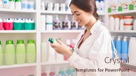  Presentation with shampoo - PPT theme with young-beautiful-hispanic-woman-customer background and a lemonade colored foreground