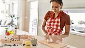  Presentation with onion - Slide set with young-beautiful-hispanic-woman-cutting background and a coral colored foreground