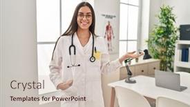  Presentation with confident young hispanic woman - Slide deck enhanced with young-beautiful-hispanic-woman-doctor background and a  colored foreground