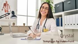  Presentation with medical laptop - Slide deck enhanced with young-beautiful-hispanic-woman-doctor background and a soft green colored foreground