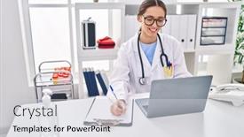  Presentation with medical laptop - PPT layouts with young-beautiful-hispanic-woman-doctor background and a light gray colored foreground