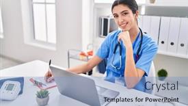  Presentation with medical laptop - Slide set enhanced with young-beautiful-hispanic-woman-doctor background and a light blue colored foreground