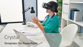  Presentation with beautiful hispanic woman - Slides having young-beautiful-hispanic-woman-doctor background and a light gray colored foreground