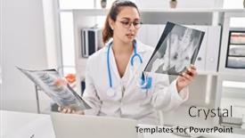  Presentation with xray - Slides having young-beautiful-hispanic-woman-doctor background and a light gray colored foreground