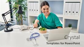  Presentation with beautiful hispanic woman - Slide set featuring young-beautiful-hispanic-woman-doctor background and a  colored foreground