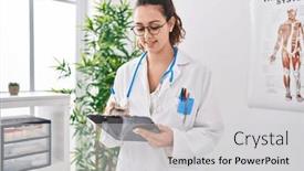  Presentation with medical smiling doctor - Presentation theme consisting of young-beautiful-hispanic-woman-doctor background and a light gray colored foreground