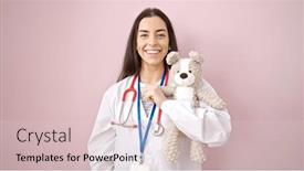  Presentation with teddy bear - Slide deck with young-beautiful-hispanic-woman-doctor background and a lemonade colored foreground