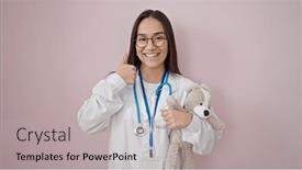  Presentation with teddy bear - PPT layouts featuring young-beautiful-hispanic-woman-doctor background and a light gray colored foreground