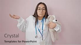  Presentation with teddy bear - PPT layouts with young-beautiful-hispanic-woman-doctor background and a light gray colored foreground