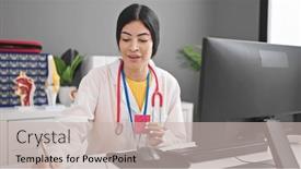  Presentation with condom - Slides featuring young-beautiful-hispanic-woman-doctor background and a soft green colored foreground