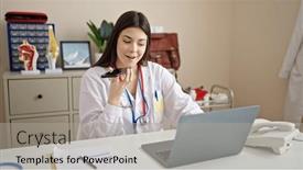  Presentation with voice - Presentation theme with young-beautiful-hispanic-woman-doctor background and a light gray colored foreground