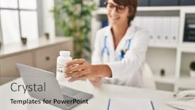  Presentation with telemedicine - Presentation theme consisting of young-beautiful-hispanic-woman-doctor background and a light gray colored foreground