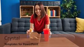  Presentation with beautiful hispanic woman - Presentation enhanced with young-beautiful-hispanic-woman-eating background and a  colored foreground