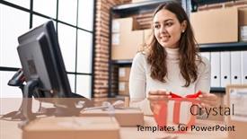  Presentation with confident young hispanic woman - Presentation design consisting of young-beautiful-hispanic-woman-ecommerce background and a coral colored foreground