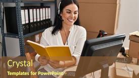  Presentation with business book - Presentation enhanced with young-beautiful-hispanic-woman-ecommerce background and a tawny brown colored foreground