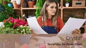  Presentation with reading table - PPT theme featuring young-beautiful-hispanic-woman-florist background and a coral colored foreground