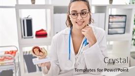  Presentation with fetus - Slides featuring young-beautiful-hispanic-woman-gynecologist background and a soft green colored foreground