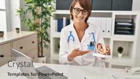  Presentation with beautiful hispanic woman - Slide deck consisting of young-beautiful-hispanic-woman-gynecologist background and a mint green colored foreground