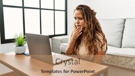  Presentation with communicate - Slide deck with young-beautiful-hispanic-woman-having background and a coral colored foreground