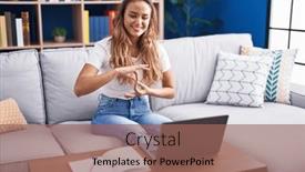  Presentation with communicate - Slides with young-beautiful-hispanic-woman-having background and a coral colored foreground