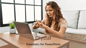  Presentation with communicate - PPT theme consisting of young-beautiful-hispanic-woman-having background and a coral colored foreground