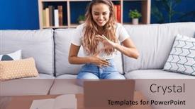  Presentation with communicate - Presentation design featuring young-beautiful-hispanic-woman-having background and a violet colored foreground