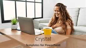  Presentation with communicate - Presentation theme having young-beautiful-hispanic-woman-having background and a coral colored foreground