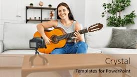  Presentation with classical - Slide deck consisting of young-beautiful-hispanic-woman-having background and a coral colored foreground