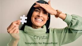  Presentation with hand holding puzzle piece - Presentation consisting of young-beautiful-hispanic-woman-holding background and a mint green colored foreground