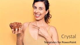  Presentation with almonds - PPT theme with young-beautiful-hispanic-woman-holding background and a coral colored foreground