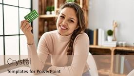  Presentation with elderly holding pills - PPT theme enhanced with young-beautiful-hispanic-woman-holding background and a coral colored foreground