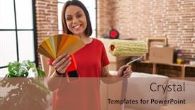  Presentation with paint roller - Slides consisting of young-beautiful-hispanic-woman-holding background and a coral colored foreground