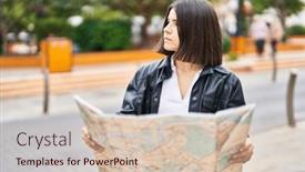  Presentation with city map - Slide set with young-beautiful-hispanic-woman-holding background and a soft green colored foreground